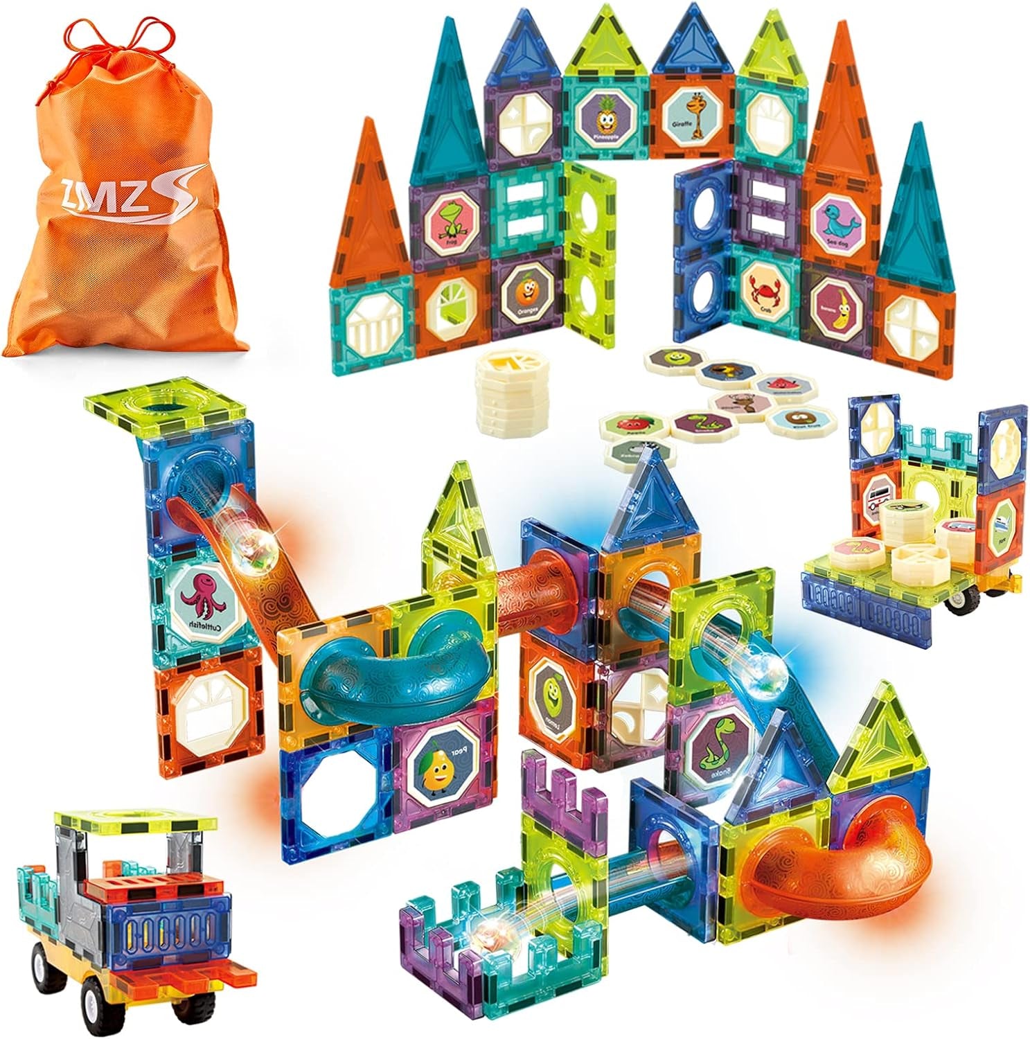Magnetic Tiles Marble Run for Kids Age 4-8, 76 PCS Magnetic Blocks with Roll Ball, Toddler Magnet Tiles Race Track Toy, Educational Gift STEM Building Set for Girls and Boys