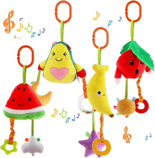 Baby Hanging Toys, 4 Pack Carseat Toys,Early Baby Cognitive Sensory Soft Hanging Toy for Crib Stroller Gym Mobile Plush Toy,Suitable for Babies 0-12 Months,Fruit